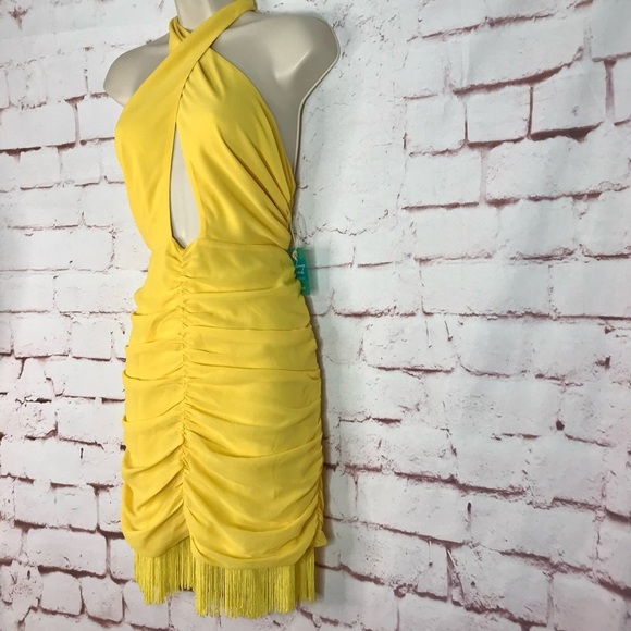 Forever 21 BELEARIC BEACH L Halter Ruched Fringe Trim Yellow Minidress Large - Picture 14 of 14